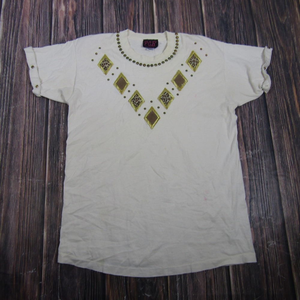 P.G.B. T-Shirt Womens Medium White Studded Animal Print Granny Core Top USA